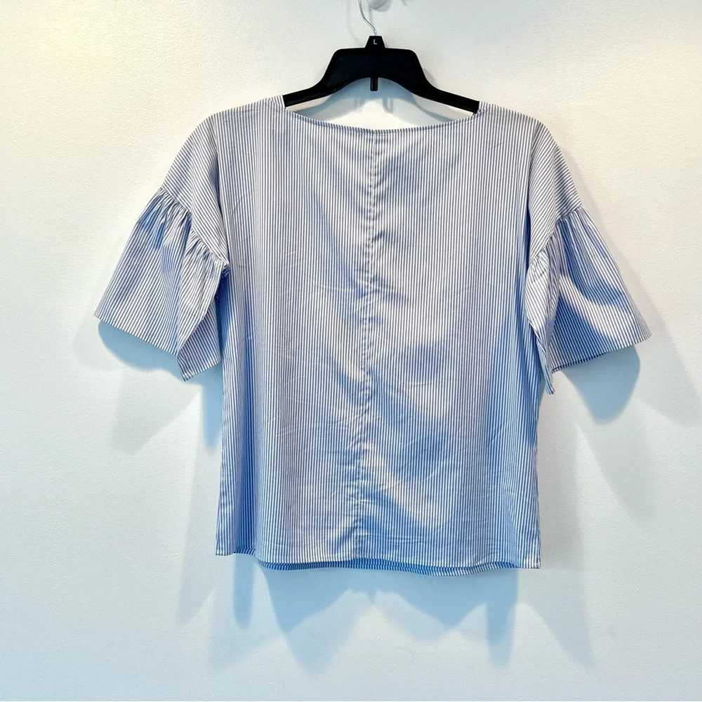 Ann Taylor White Blue Striped Ruffle Flare Sleeve Embroidered Blouse, Size s - Picture 7 of 8